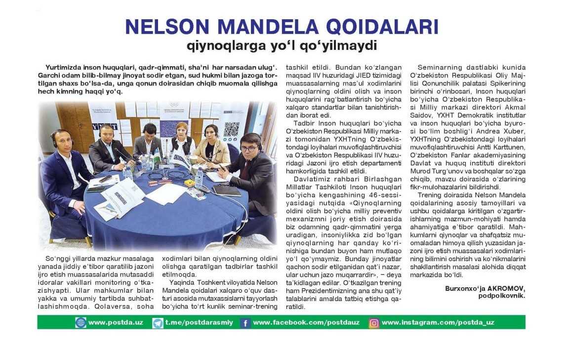Nelson Mandela qoidalari: qiynoqlarga yo‘l qo‘yilmaydi